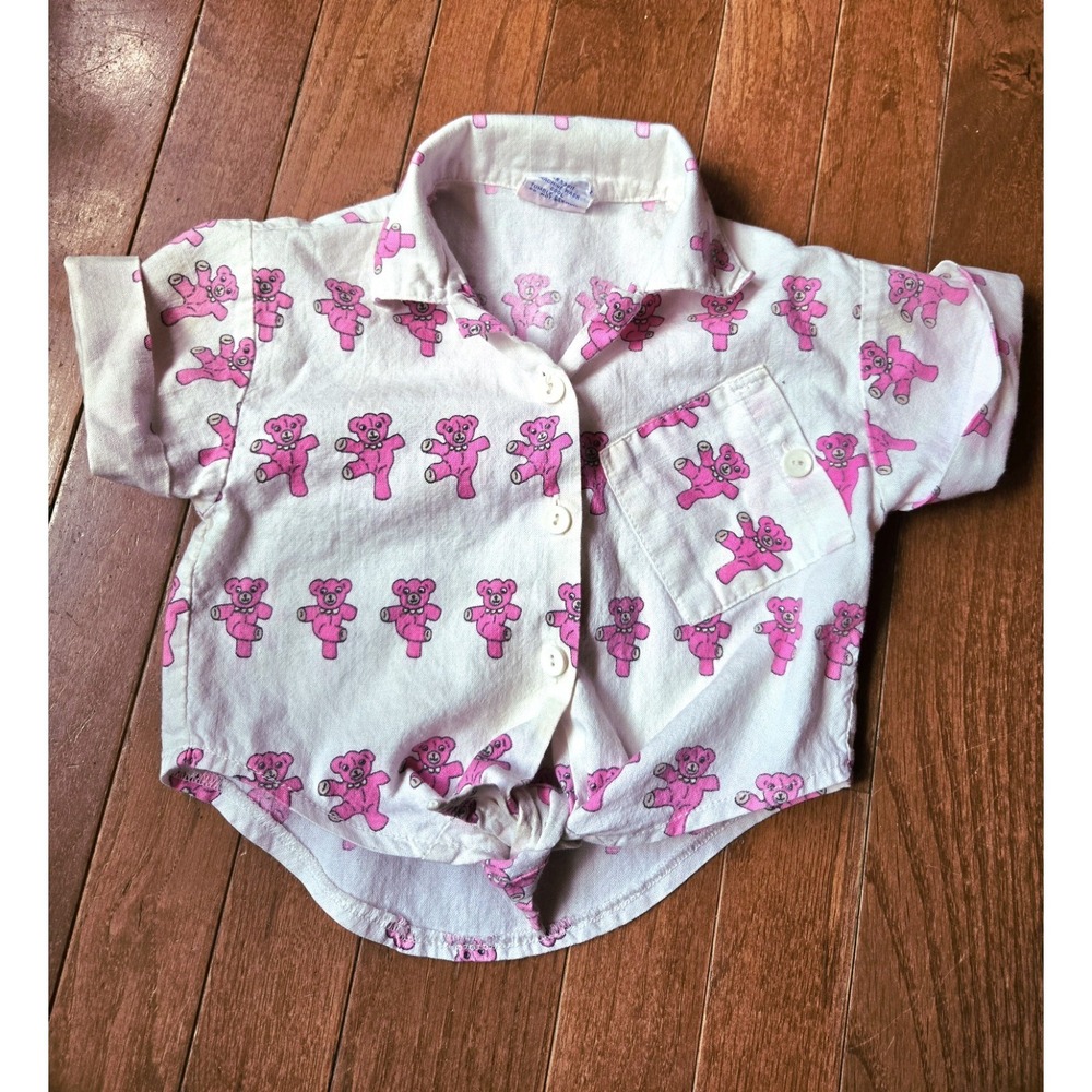 VTG 80s Popsicle Brand Pink Bear Crop Top Toddler Size 2T Button Up Tie Waist